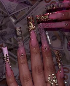 Xl New Years Nails, Long Money Nails, New Year Nails Ideas 2024, Unique Long Nails, Pink Black And Gold Nails, Long Nails Ideas Square, Extra Baddie Nails Long, Birthday Nails Square Long, Dollar Nails Designs