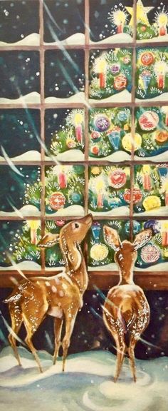 two deer standing next to each other in front of a window with christmas decorations on it