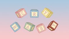 three blocks with the letters cray and baby spelled out in them on a pastel background