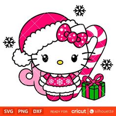 a hello kitty christmas svg file with candy canes and bow on it's head