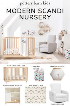 a nursery room with white furniture and accessories, including a crib, chair, bookcase