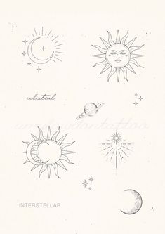 the sun, moon and stars are drawn in pencil on white paper with black ink