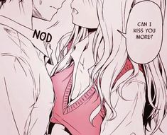 an anime scene with two people kissing and the caption says can i kiss you more?