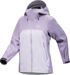 a women's jacket with hood up and zippers on the front, in purple