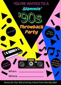 a party flyer with an image of a boombox and other items on the side