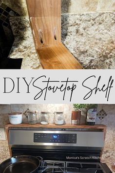 stovetop shelves Stove Shelf, Spice Organizers, Diy Wood Shelves, Shelf Diy, Diy Spices, Cabinets And Countertops, Yellow Kitchen, Diy Cabinets