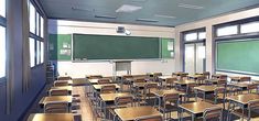 an empty classroom filled with wooden desks and green chalkboard mounted to the wall