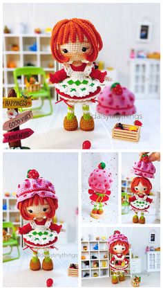 the doll is wearing a pink hat and holding a cupcake in her hands, while she