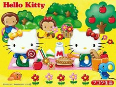 an advertisement for hello kitty with two cats eating cake and other items on the table