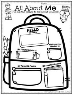 a back to school backpack with all about me written on the front and bottom pages