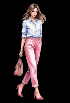 a woman in pink pants and heels holding a handbag