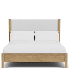 a bed with white sheets and pillows on top of it's headboard, in front of a white background