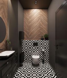 a black and white bathroom with wood paneling on the wall, sink and mirror