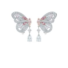 This playful pair of earrings is inspired by the butterfly’s transformative nature and the way light reflects on its iridescent wings. Offering versatility to the wearer, the earrings are designed to be worn with or without each ~0.50 carat pear-shaped diamond drop. With a total carat weight of ~3.41 carats and set in 18K white and rose gold, the beauty and intricacy of the butterfly wings are highlighted and enhanced by the natural brilliance of each fancy pink round brilliant, marquise and ... Diamond Butterfly Earrings, Butterfly Diamond Earrings, Luxury Butterfly Cubic Zirconia Earrings, Extravagant Earrings, Luxury Cubic Zirconia Butterfly Earrings, Butterfly Shaped Diamond Earrings With Accents, Butterfly Diamond Earrings With Accents, Luxury Pink Butterfly Jewelry, Nature Butterfly