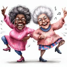 two older women are dancing together with musical notes in the air above their heads and hands