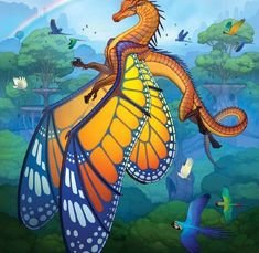 a dragon sitting on top of a butterfly with a rainbow in the sky behind it