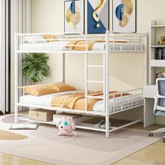 a white bunk bed sitting in a bedroom next to a desk and bookcases