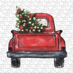 a red truck with a christmas tree in the back