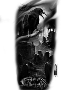 a black and white photo of a crow on a graveyard with tombstones in the background