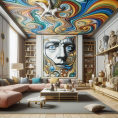 a living room filled with furniture and paintings on the ceiling