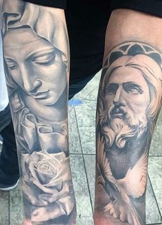 a man with tattoos on his legs holding a rose and an image of the virgin mary