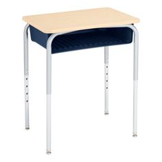 a wooden desk with metal legs and a blue seat on the bottom, against a white background