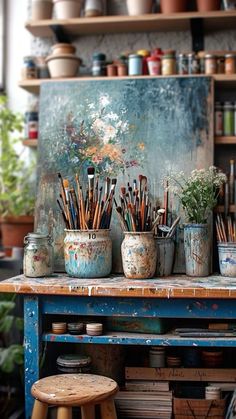 there are many pots with paintbrushes in them on the table next to an easel