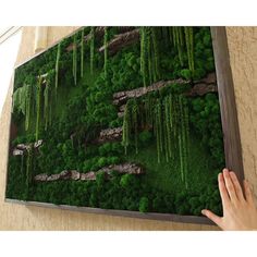 a person is holding up a mossy wall with trees and bushes on it in front of a window