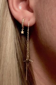 Woman wearing gold star earrings. Shoot For The Stars, Ear Threader, Tragus Jewelry, Chain Earring, Earrings Star, Starburst Earrings, Dainty Hoop Earrings, Minimal Earrings, Celestial Necklace