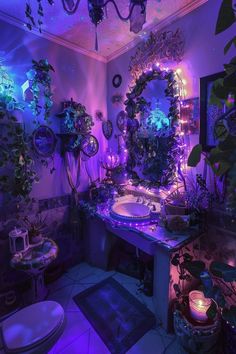 a bathroom decorated in purple and green with lots of plants on the counter, lights around the mirror