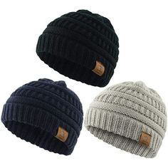 three beanies are shown on a white background