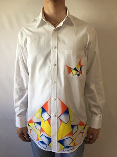 I'm very grateful, that I'm able to share my ideas on Etsy and provide the best quality shirt that will last. I'm using very high quality of textile paint on the shirts. The fabric is 65% polyester/ 35% cotton, wrinkle free: developed for less wrinkles and easy care. Size type: slim fit. Small size neck - 14-14 1/2 Medium size neck - 15-15 1/2 Large size neck - 16-16 1/2 Extra-large size neck - 17-17 1/2 Care instruction: Washing: Dry-clean or hand wash only.  Wash only in cold water and do not Designer White Cotton Dress Shirt, Painted Shirt, Textile Paint, Shirt Painting, Mens Dress Shirts, Very Grateful, Mens Dress, Painting Gift, Tee Dress