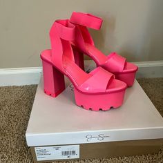 Worn Twice On Bachelorette Trip! Look Brand New! Elastic Ankle Band So Not Too Tight! The Absolute Hottest Pink Heels Ever! Trendy Pink Ankle Strap Sandals, Casual Chunky Platform Sandals For Party, Pink Eva Sandals For Spring, Spring Pink Eva Sandals, Pink High Heel Eva Sandals, Pink Ankle-high Synthetic Heels, Trendy Sandals With Heel Strap And Eva Material, Ankle-high Sandals With Padded Heel For Summer, Casual Chunky Platform Heels With Ankle Strap