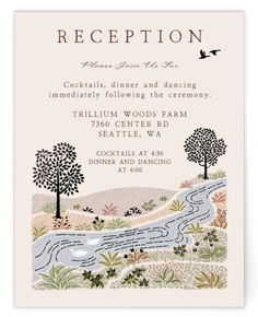 a wedding reception card with an illustration of a river and trees on the side, in pink