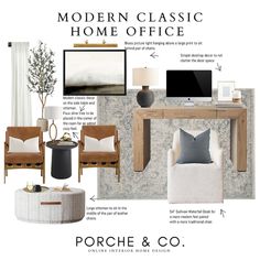 the interior design board for a modern home office with furniture and accessories in neutral colors