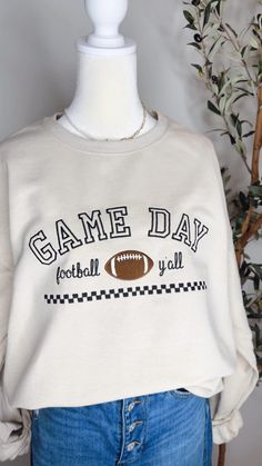 Football Season is back and our new game day sweatshirt is perfect for those Friday Night Lights!   🏈 Please see our current processing times when placing your order. You can find this posted in the shop announcements.  - Unisex sizing, see size chart in listing photos - Embroidered design - Choose from sand or black colored sweatshirt. - Custom colors are available upon request. Just send us a message! 😊 - Please reach out with any questions or custom orders! Game Day Sweatshirt, Gym Sweatshirt, Fall Crewneck, Colorful Sweatshirt, Football Sweatshirt, Friday Night Lights, Custom Football, Embroidered Crewneck, Football Outfits