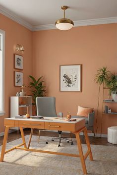 an office with orange walls and furniture in the corner, including a wooden desk surrounded by potted plants