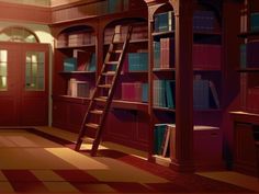 a ladder leaning against a bookshelf in a room with red walls and flooring