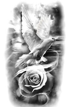 a black and white photo of a bird flying with a rose in the foreground