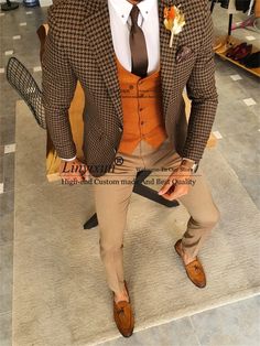 Classic Tweed Plaid Men Suits Slim Fit Peaked Lapel Groom Wedding Tuxe Fall Suit, Groom Tuxedo, Gents Fashion, Suits Men, Blazer Outfit, Brown Suits