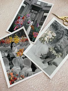 four pictures of women in dresses and flowers on the ground with scissors next to them