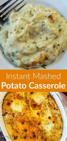 an image of instant mashed potato casserole on a plate with a fork