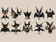 an image of bats with different expressions on their faces and body parts in various poses