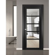 an empty room with a black door and glass panels on the doors, in front of a sink