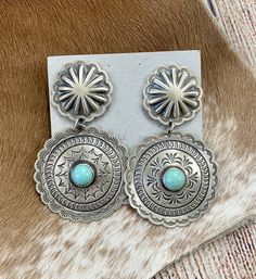 The Harris Joe Concho Turquoise Earrings - Ny Texas Style Boutique Boho Jewelry Earrings, Concho Earrings, Western Jewellery, Earrings Native American, Stamped Earrings, Handmade Boho Jewelry, Silver Turquoise Jewelry, Native American Earrings, Boho Style Earrings