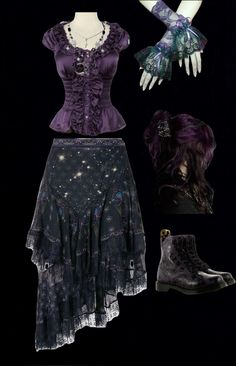 Purple Goth Aesthetic Outfit, Celestial Goth Aesthetic, Whimsical Goth Clothes, Whismgoth Aesthetic, Goth Outfits Purple, Whimsigoth Hair, Whimsigoth Accessories, Purple And Black Outfits