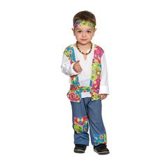 a young boy wearing a colorful vest and tie with beads on his head, standing in front of a white background