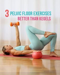 a woman is doing exercises with dumbbells on her stomach and the words 3 pelvic floor exercises better than kegels