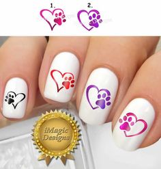 "20 Dog Paw Heart Water Slide Nail Decals that are super easy to apply WITHOUT the need to submerge them in water! You will receive two sets of 10 decals each to do your nails two times, plus two special cloths for easy application. I have improved my nail art decals and made them really simple to use. No need to submerge them in water anymore! My decals work like stickers! They are goof proof, mistake proof ... even a child can use them! All you have to do is cut around the design, remove the l Acrylic Nails Dog Paws, Nail Tattoos, Deco Nails, Animal Print Nails Art, Random Products