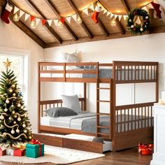 a christmas tree in the corner of a room with bunk beds and presents on the floor